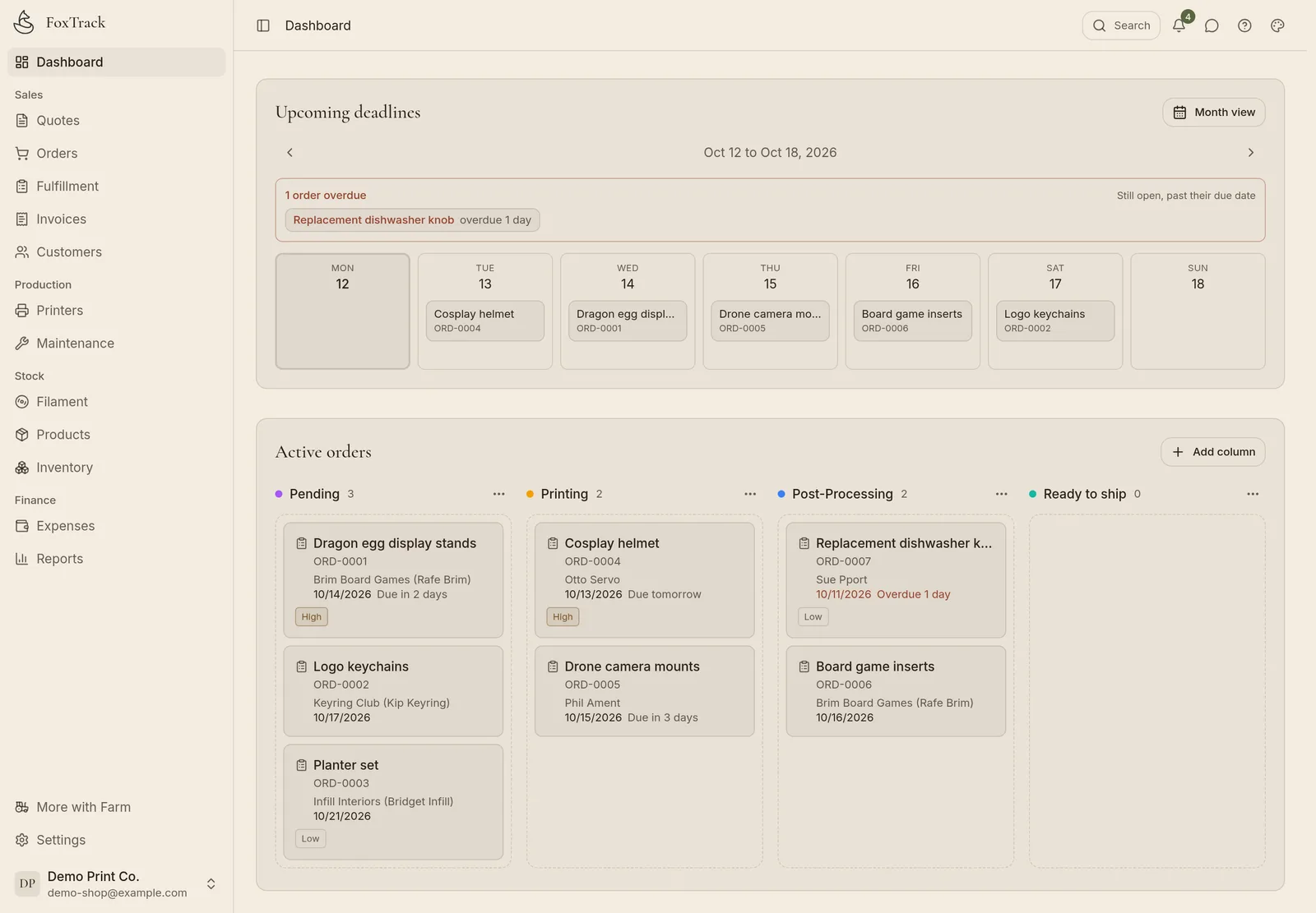 The FoxTrack dashboard: this week's due dates above the order board, with orders in Pending, Printing and Post-processing.